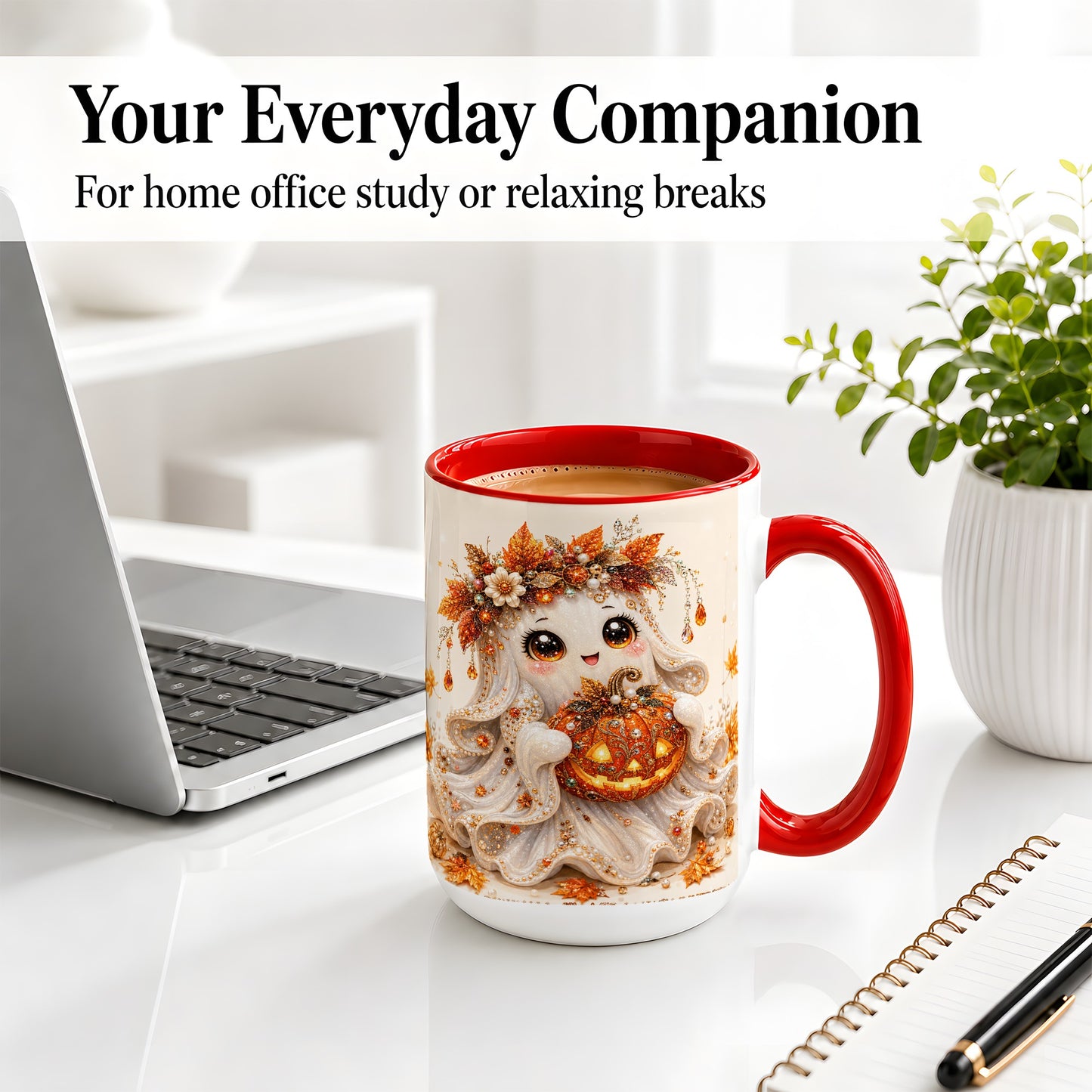 #pl[15oz|Red] Jeweled Halloween Ghost Accent Mug, Mug with Jack O Lantern Art