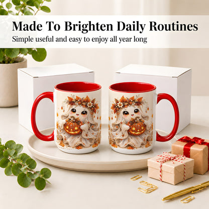 #pl[15oz|Red] Jeweled Halloween Ghost Accent Mug, Mug with Jack O Lantern Art