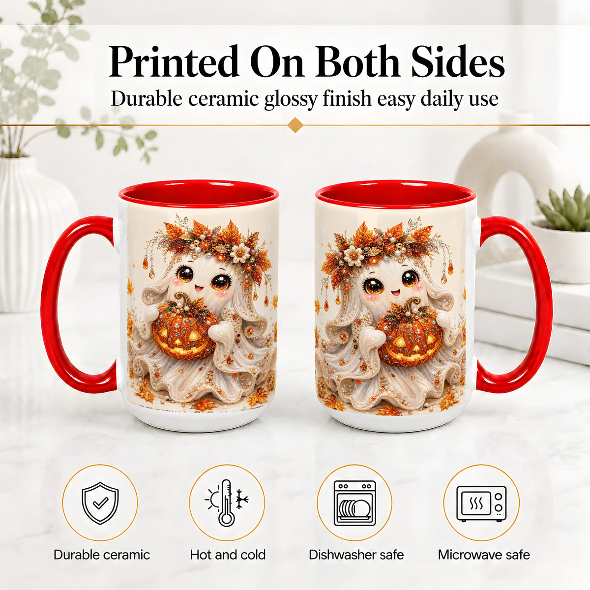 #pl[15oz|Red] Jeweled Halloween Ghost Accent Mug, Mug with Jack O Lantern Art