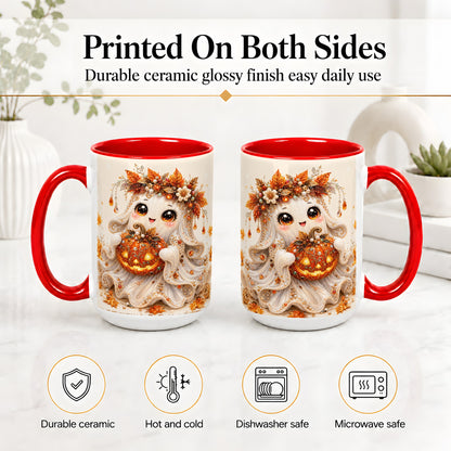 #pl[15oz|Red] Jeweled Halloween Ghost Accent Mug, Mug with Jack O Lantern Art
