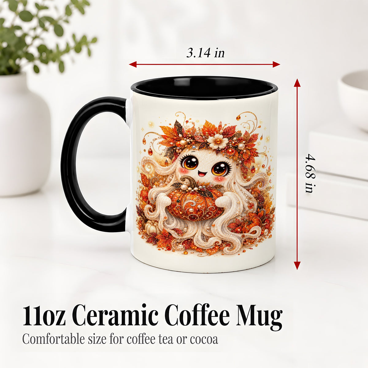 #pl[11oz|Black] Cute Autumn Ghost Accent Mug, Ceramic Mug with Pumpkin Artwork