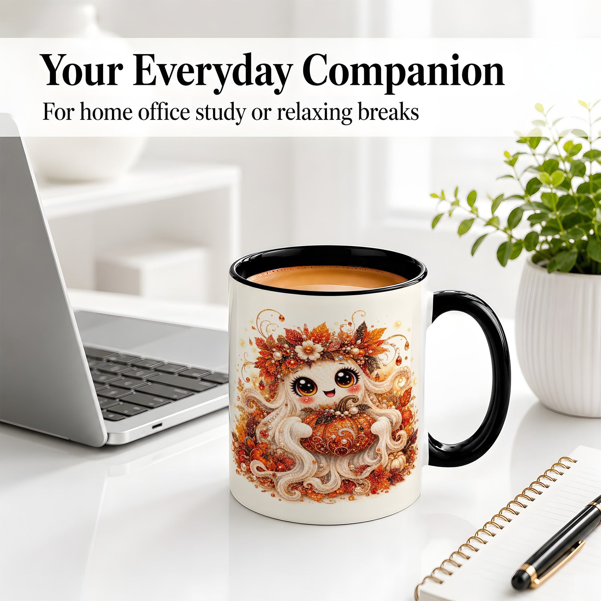 #pl[11oz|Black] Cute Autumn Ghost Accent Mug, Ceramic Mug with Pumpkin Artwork