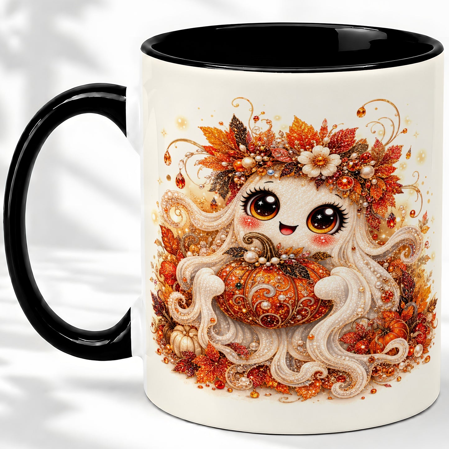 #pl[11oz|Black] Cute Autumn Ghost Accent Mug, Ceramic Mug with Pumpkin Artwork