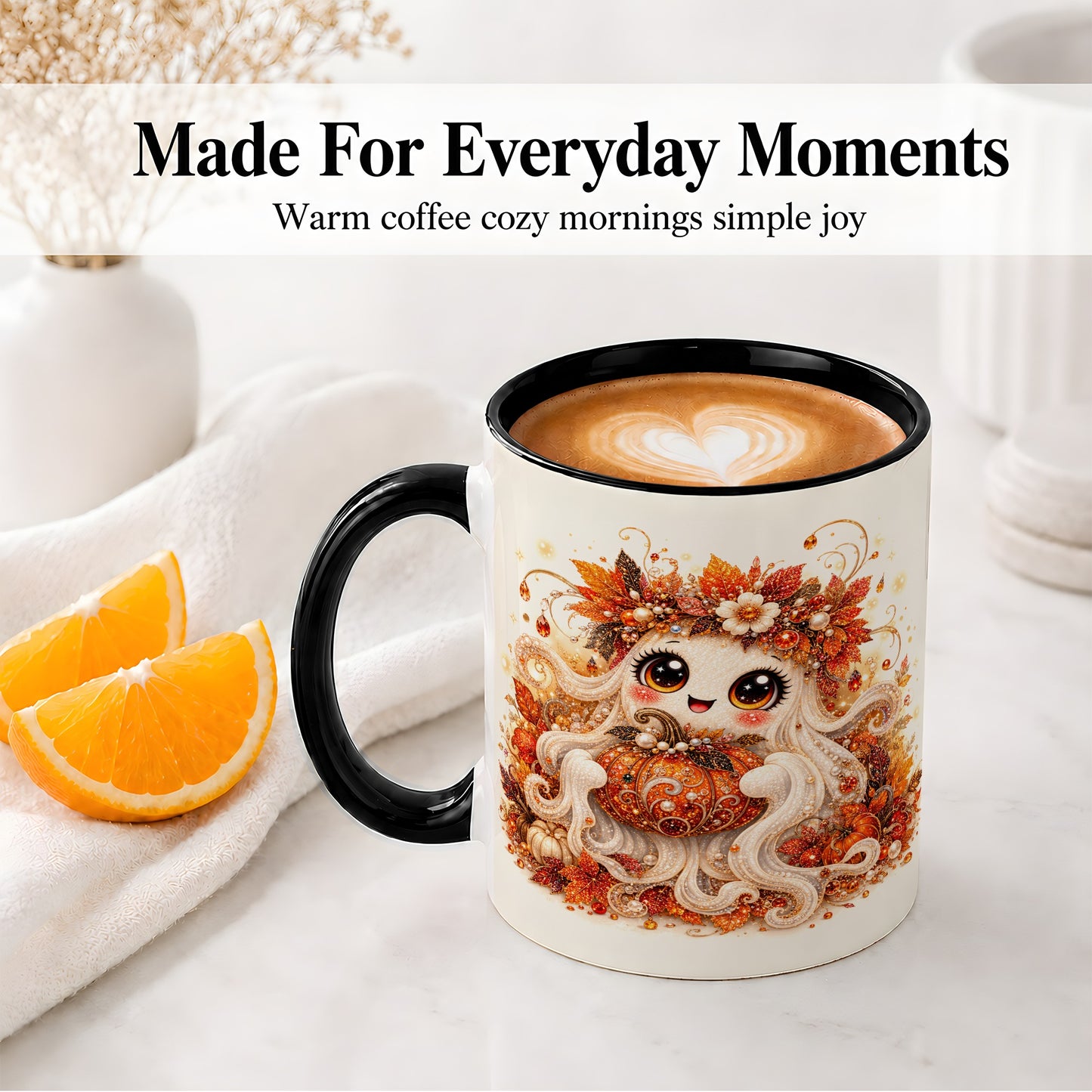 #pl[11oz|Black] Cute Autumn Ghost Accent Mug, Ceramic Mug with Pumpkin Artwork