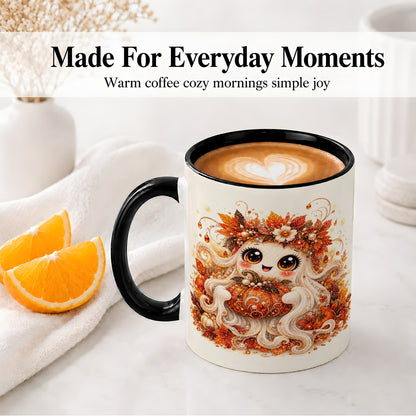 #pl[11oz|Black] Cute Autumn Ghost Accent Mug, Ceramic Mug with Pumpkin Artwork