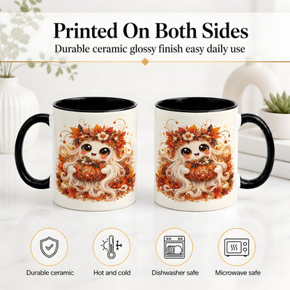 #pl[11oz|Black] Cute Autumn Ghost Accent Mug, Ceramic Mug with Pumpkin Artwork