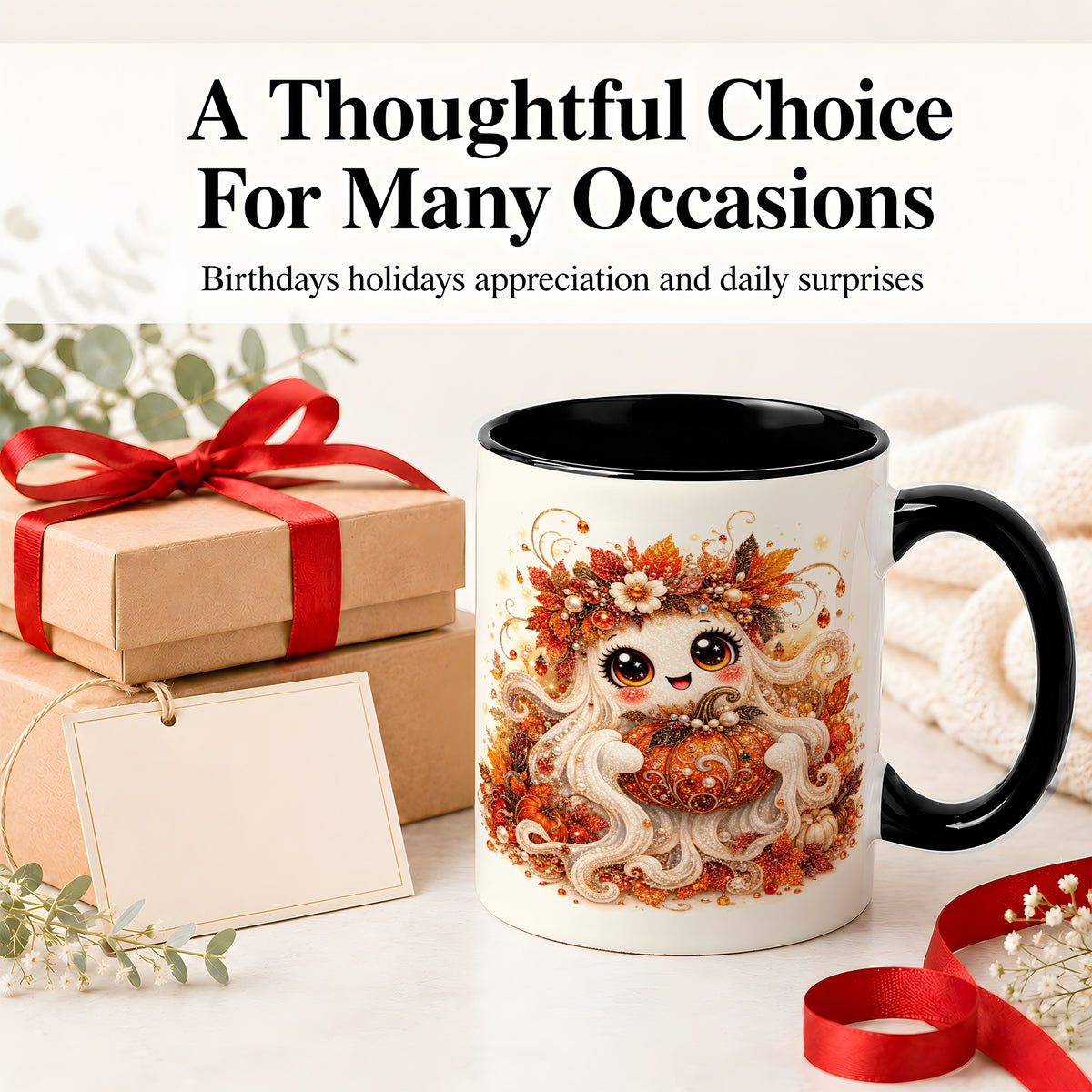 #pl[11oz|Black] Cute Autumn Ghost Accent Mug, Ceramic Mug with Pumpkin Artwork