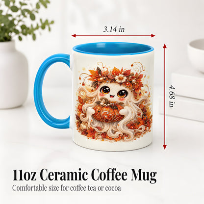 #pl[11oz|Blue] Cute Autumn Ghost Accent Mug, Ceramic Mug with Pumpkin Artwork