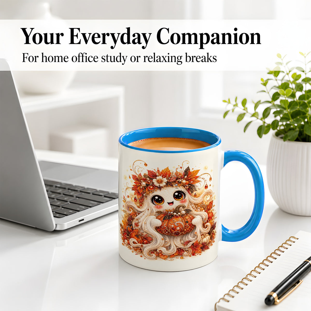 #pl[11oz|Blue] Cute Autumn Ghost Accent Mug, Ceramic Mug with Pumpkin Artwork