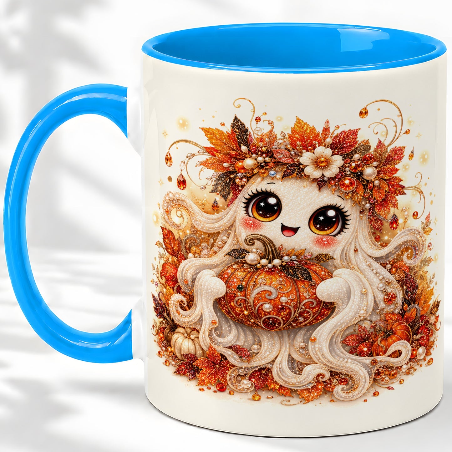 #pl[11oz|Blue] Cute Autumn Ghost Accent Mug, Ceramic Mug with Pumpkin Artwork