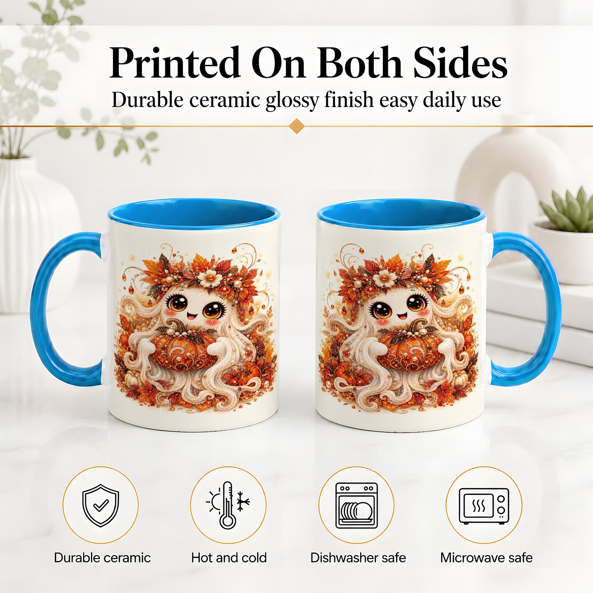 #pl[11oz|Blue] Cute Autumn Ghost Accent Mug, Ceramic Mug with Pumpkin Artwork