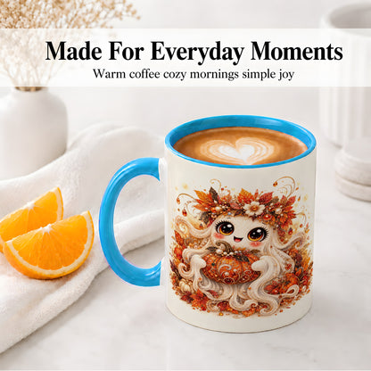 #pl[11oz|Blue] Cute Autumn Ghost Accent Mug, Ceramic Mug with Pumpkin Artwork
