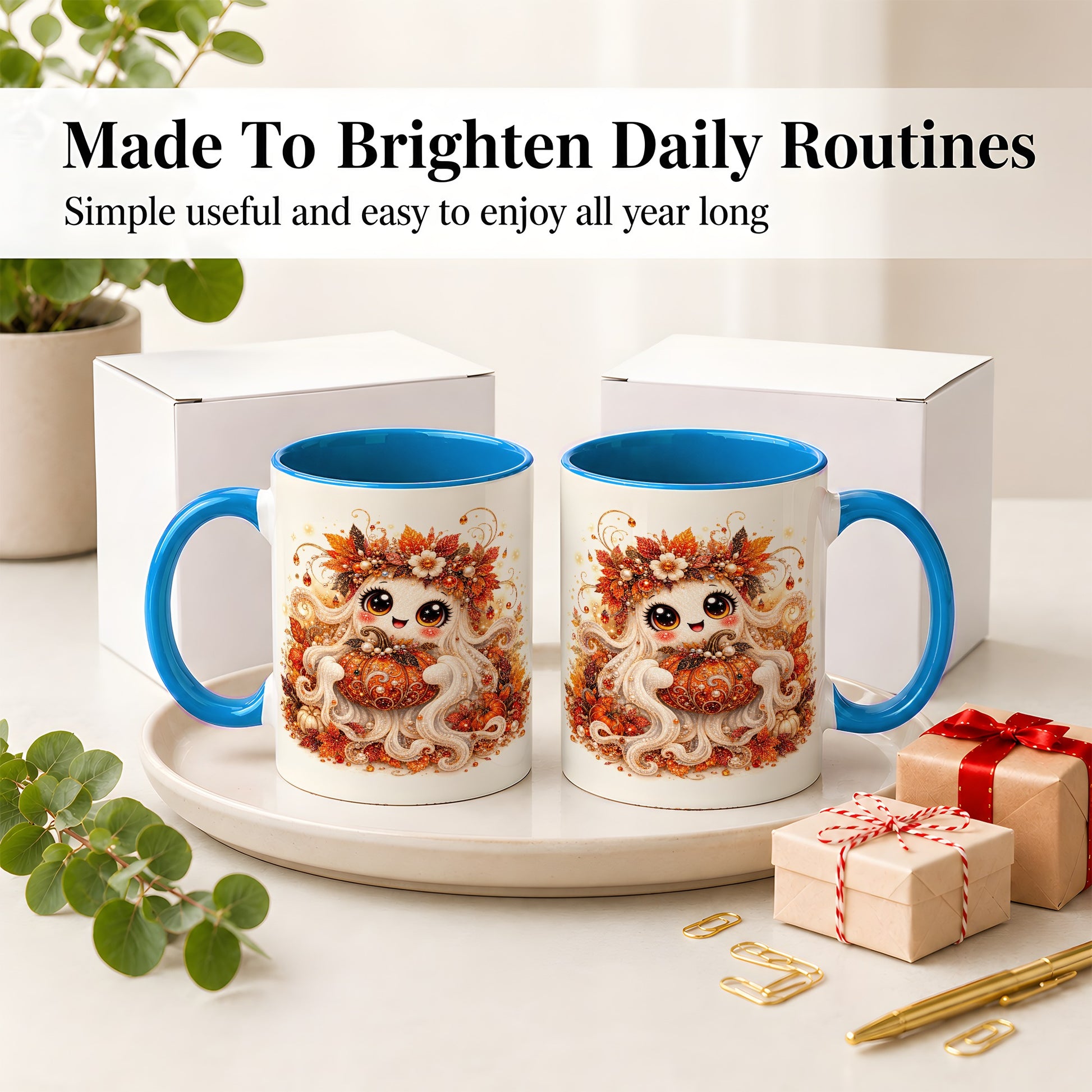#pl[11oz|Blue] Cute Autumn Ghost Accent Mug, Ceramic Mug with Pumpkin Artwork