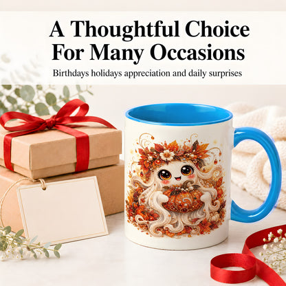 #pl[11oz|Blue] Cute Autumn Ghost Accent Mug, Ceramic Mug with Pumpkin Artwork