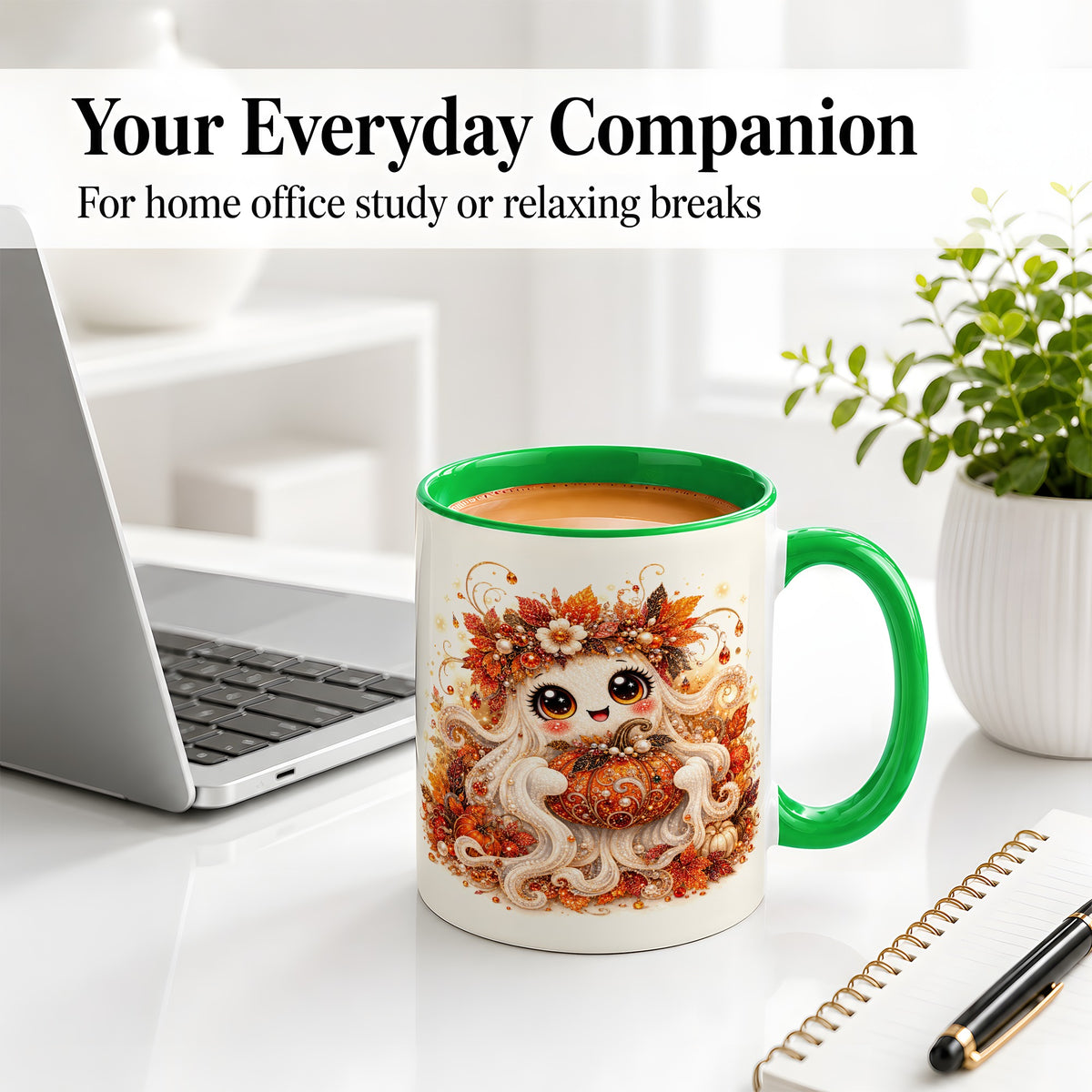 #pl[11oz|Green] Cute Autumn Ghost Accent Mug, Ceramic Mug with Pumpkin Artwork