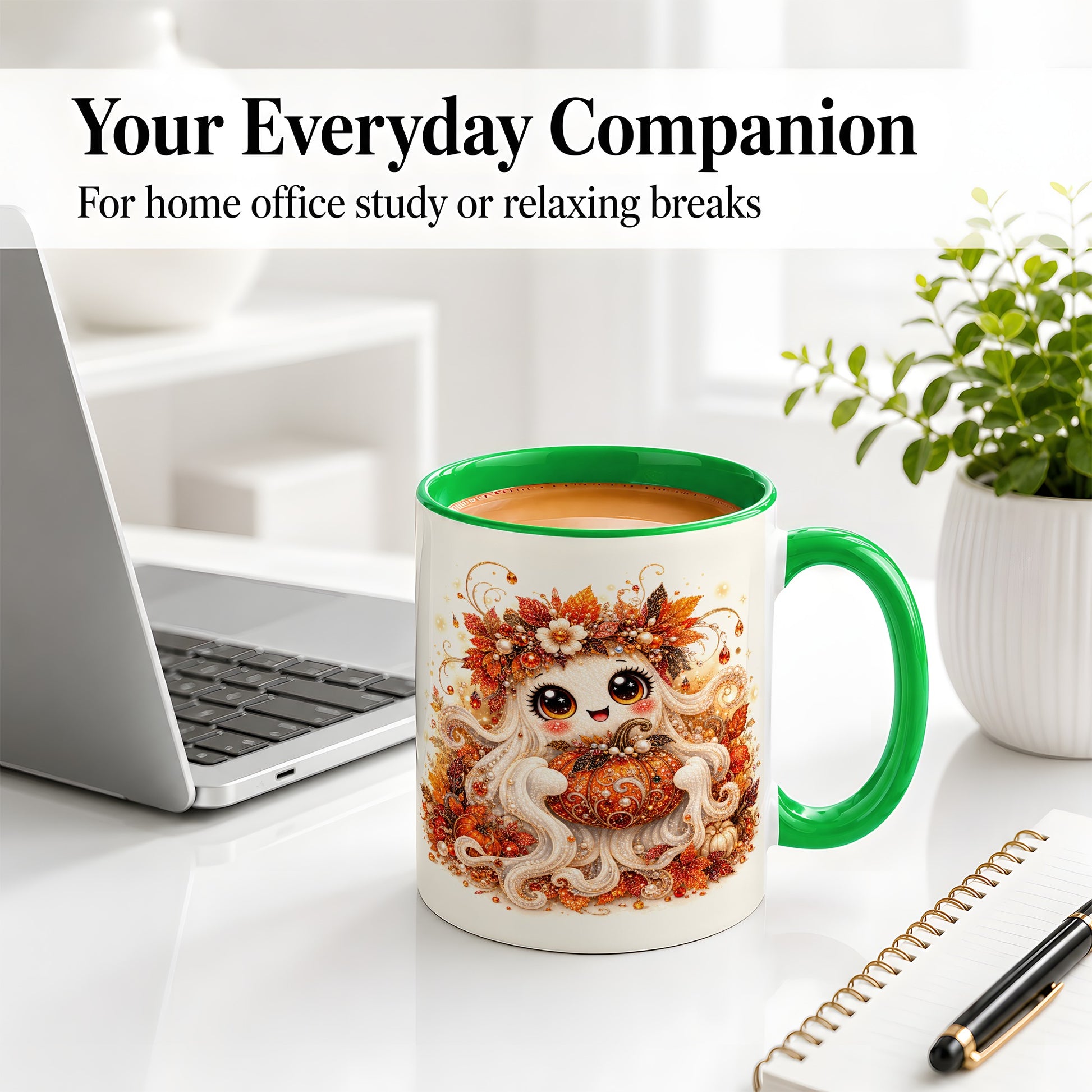 #pl[11oz|Green] Cute Autumn Ghost Accent Mug, Ceramic Mug with Pumpkin Artwork