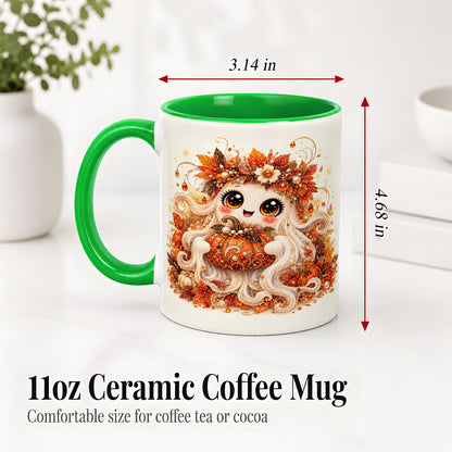 #pl[11oz|Green] Cute Autumn Ghost Accent Mug, Ceramic Mug with Pumpkin Artwork