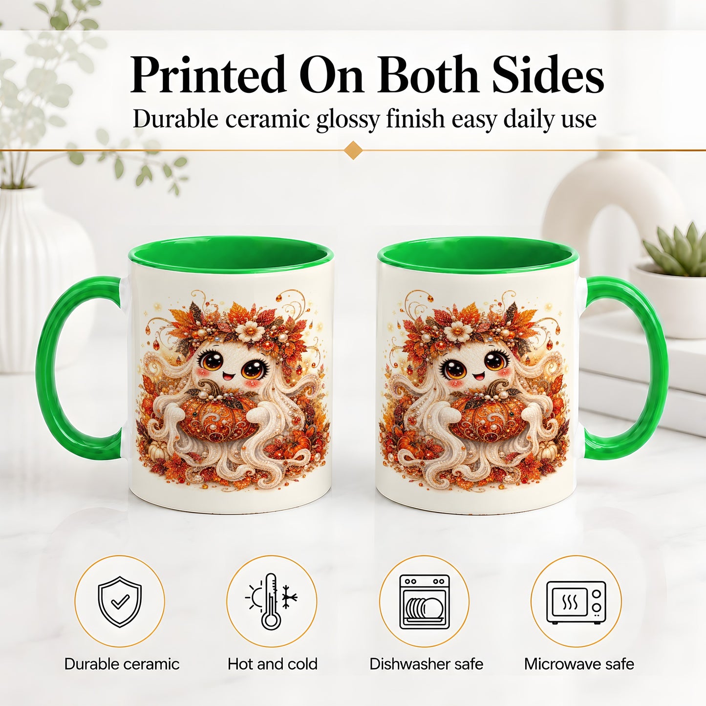#pl[11oz|Green] Cute Autumn Ghost Accent Mug, Ceramic Mug with Pumpkin Artwork