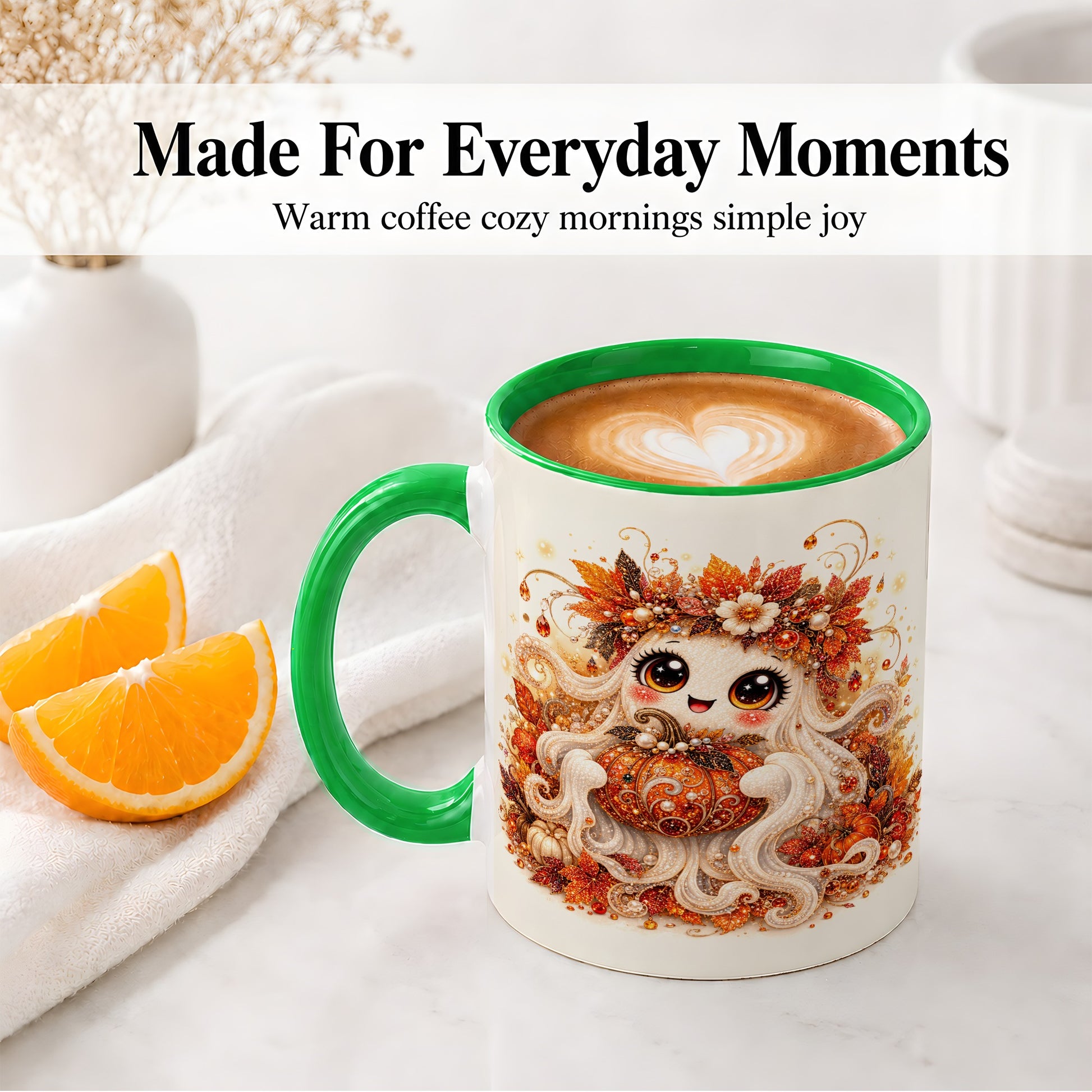 #pl[11oz|Green] Cute Autumn Ghost Accent Mug, Ceramic Mug with Pumpkin Artwork