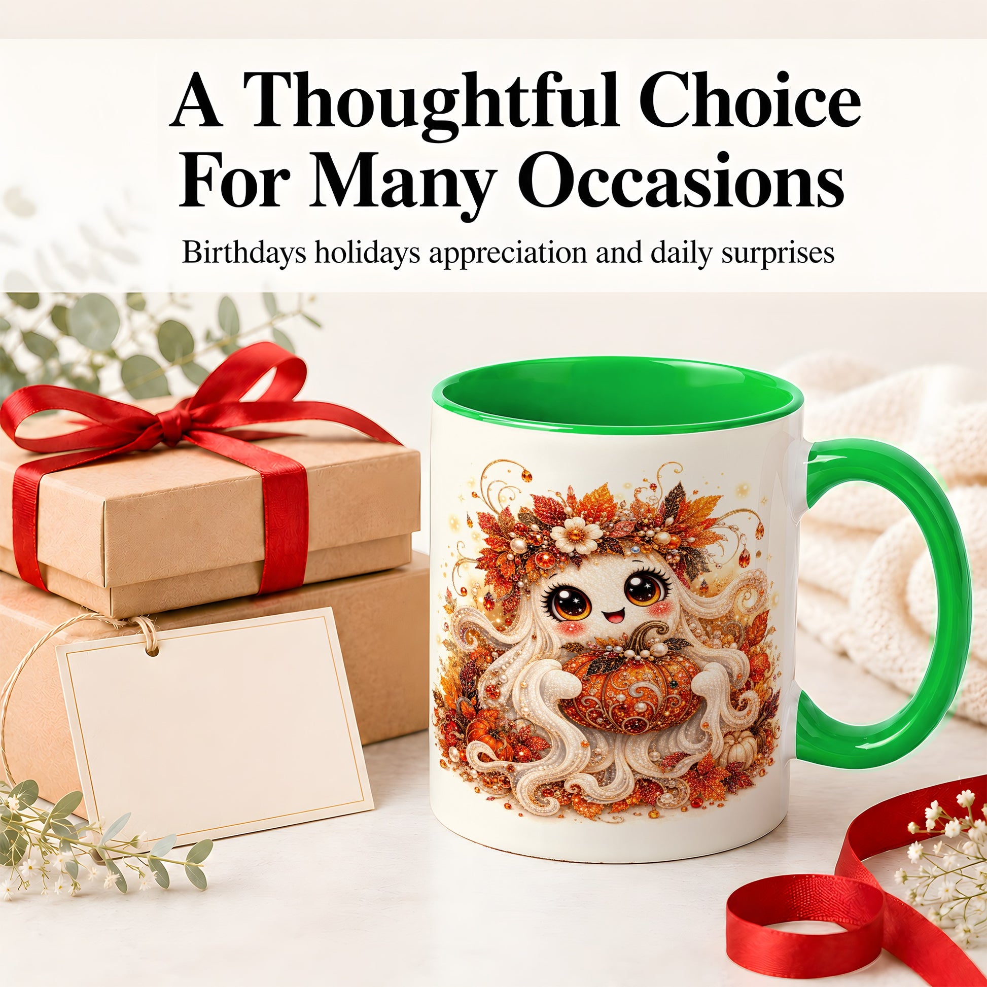 #pl[11oz|Green] Cute Autumn Ghost Accent Mug, Ceramic Mug with Pumpkin Artwork