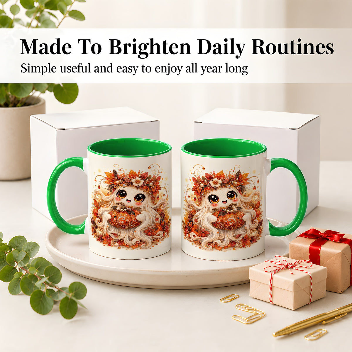 #pl[11oz|Green] Cute Autumn Ghost Accent Mug, Ceramic Mug with Pumpkin Artwork