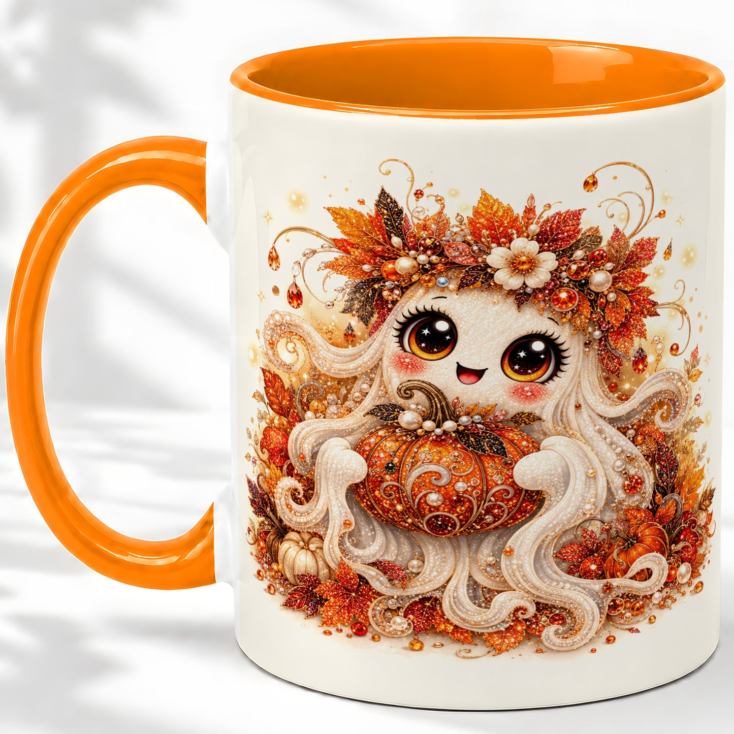 #pl[11oz|Orange] Cute Autumn Ghost Accent Mug, Ceramic Mug with Pumpkin Artwork