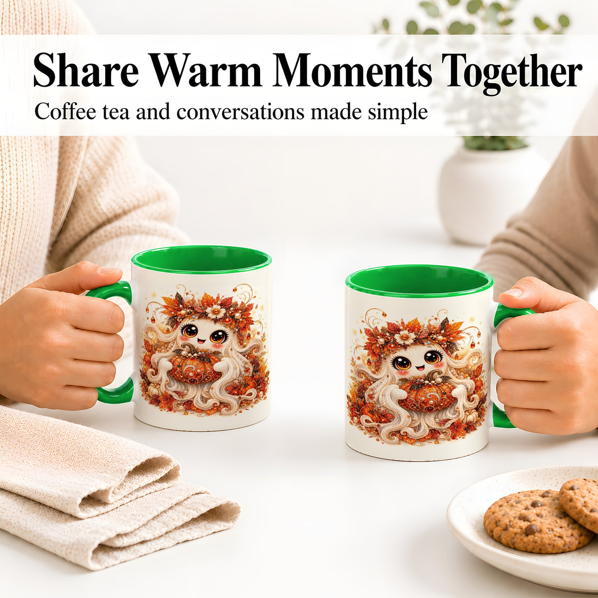 #pl[11oz|Green] Cute Autumn Ghost Accent Mug, Ceramic Mug with Pumpkin Artwork