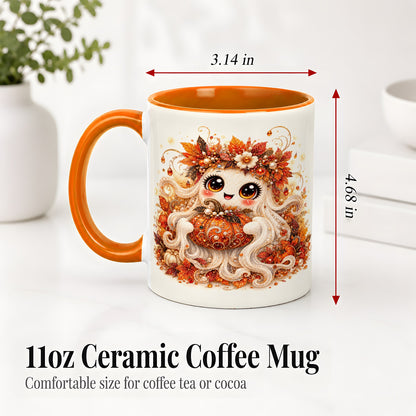 #pl[11oz|Orange] Cute Autumn Ghost Accent Mug, Ceramic Mug with Pumpkin Artwork