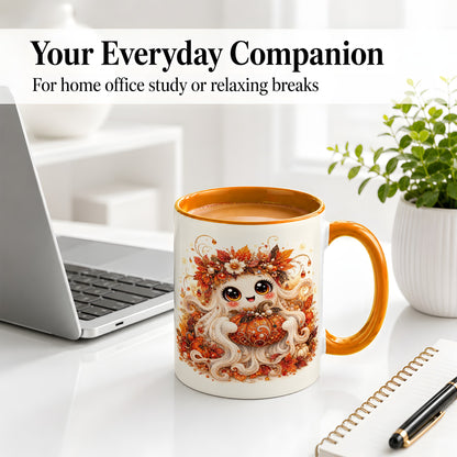 #pl[11oz|Orange] Cute Autumn Ghost Accent Mug, Ceramic Mug with Pumpkin Artwork