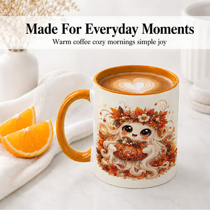 #pl[11oz|Orange] Cute Autumn Ghost Accent Mug, Ceramic Mug with Pumpkin Artwork