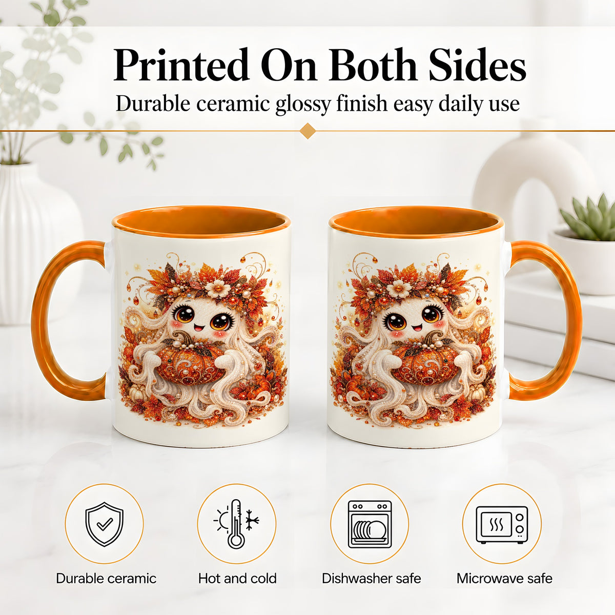#pl[11oz|Orange] Cute Autumn Ghost Accent Mug, Ceramic Mug with Pumpkin Artwork