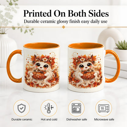 #pl[11oz|Orange] Cute Autumn Ghost Accent Mug, Ceramic Mug with Pumpkin Artwork