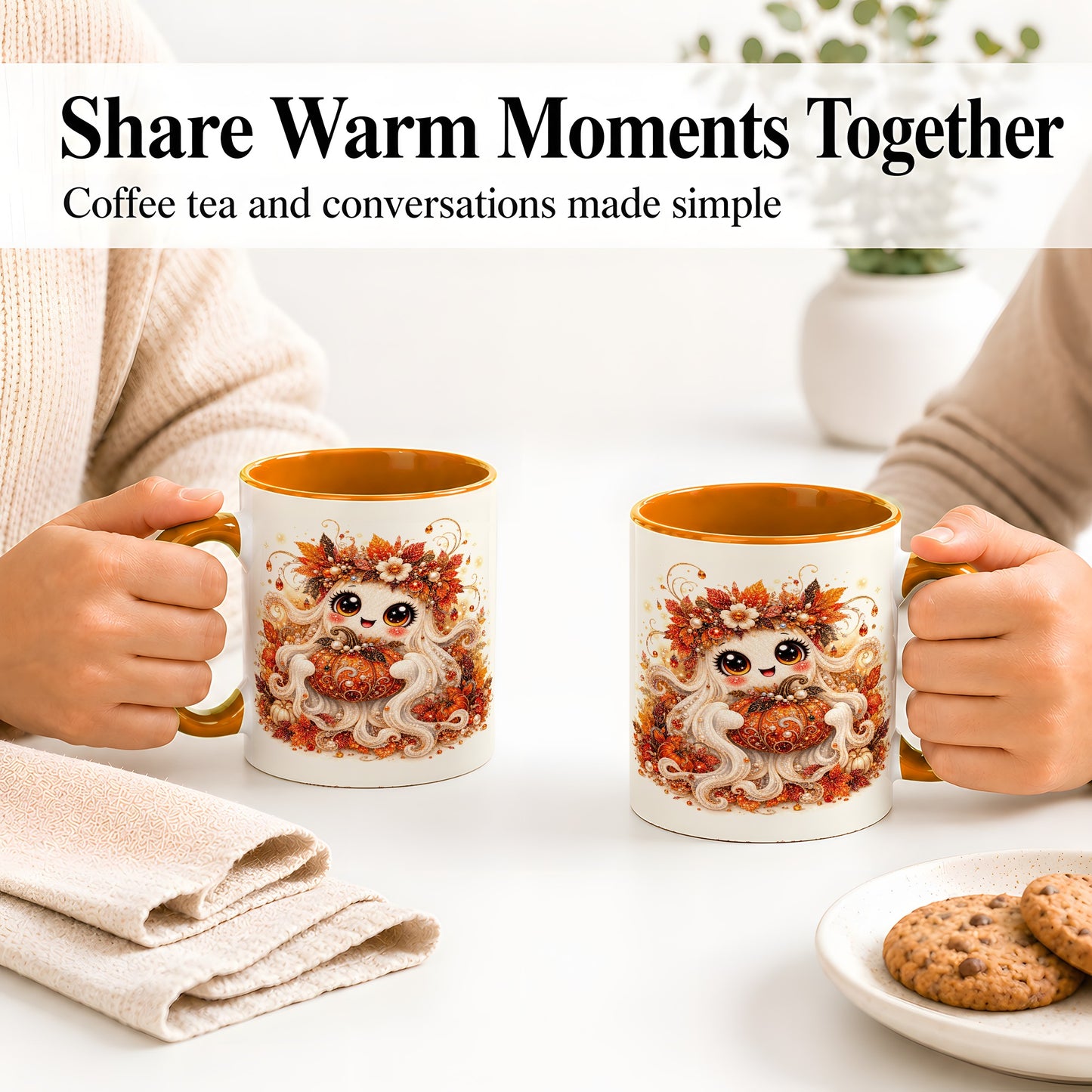 #pl[11oz|Orange] Cute Autumn Ghost Accent Mug, Ceramic Mug with Pumpkin Artwork