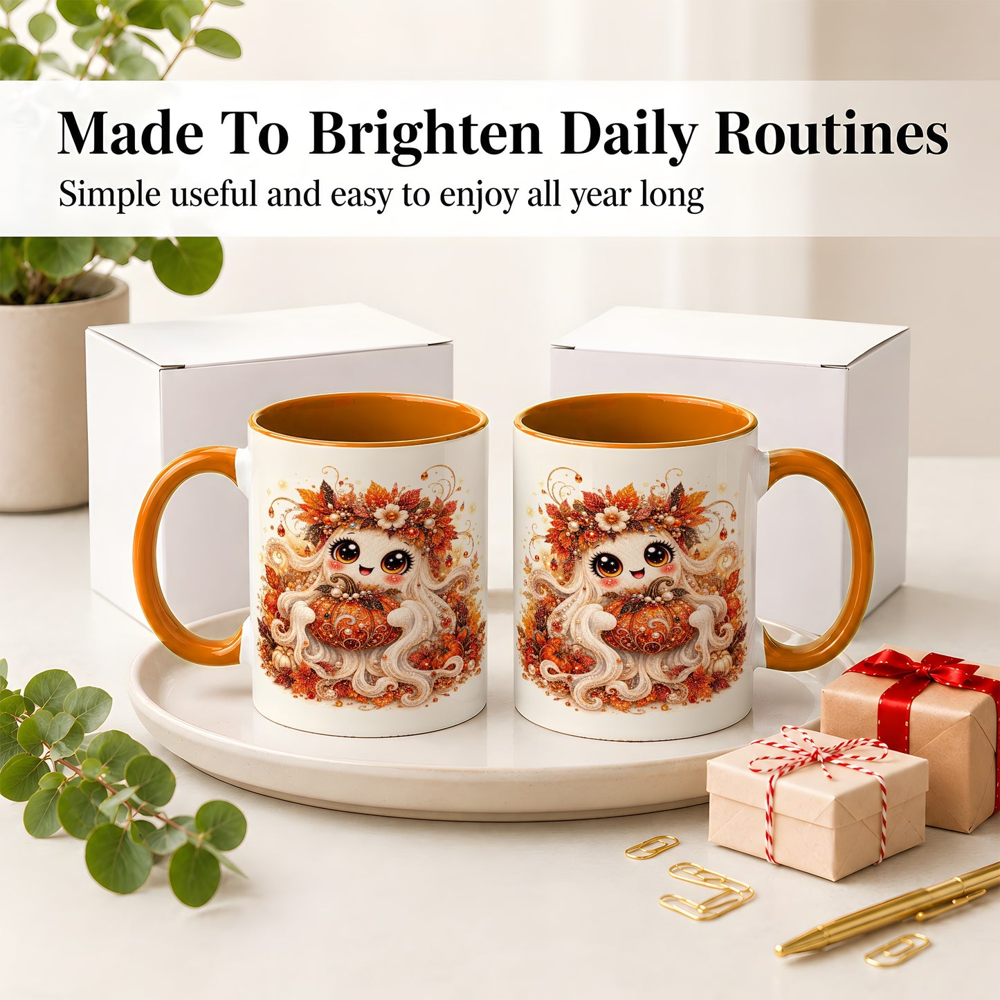 #pl[11oz|Orange] Cute Autumn Ghost Accent Mug, Ceramic Mug with Pumpkin Artwork