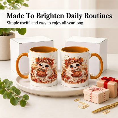 #pl[11oz|Orange] Cute Autumn Ghost Accent Mug, Ceramic Mug with Pumpkin Artwork