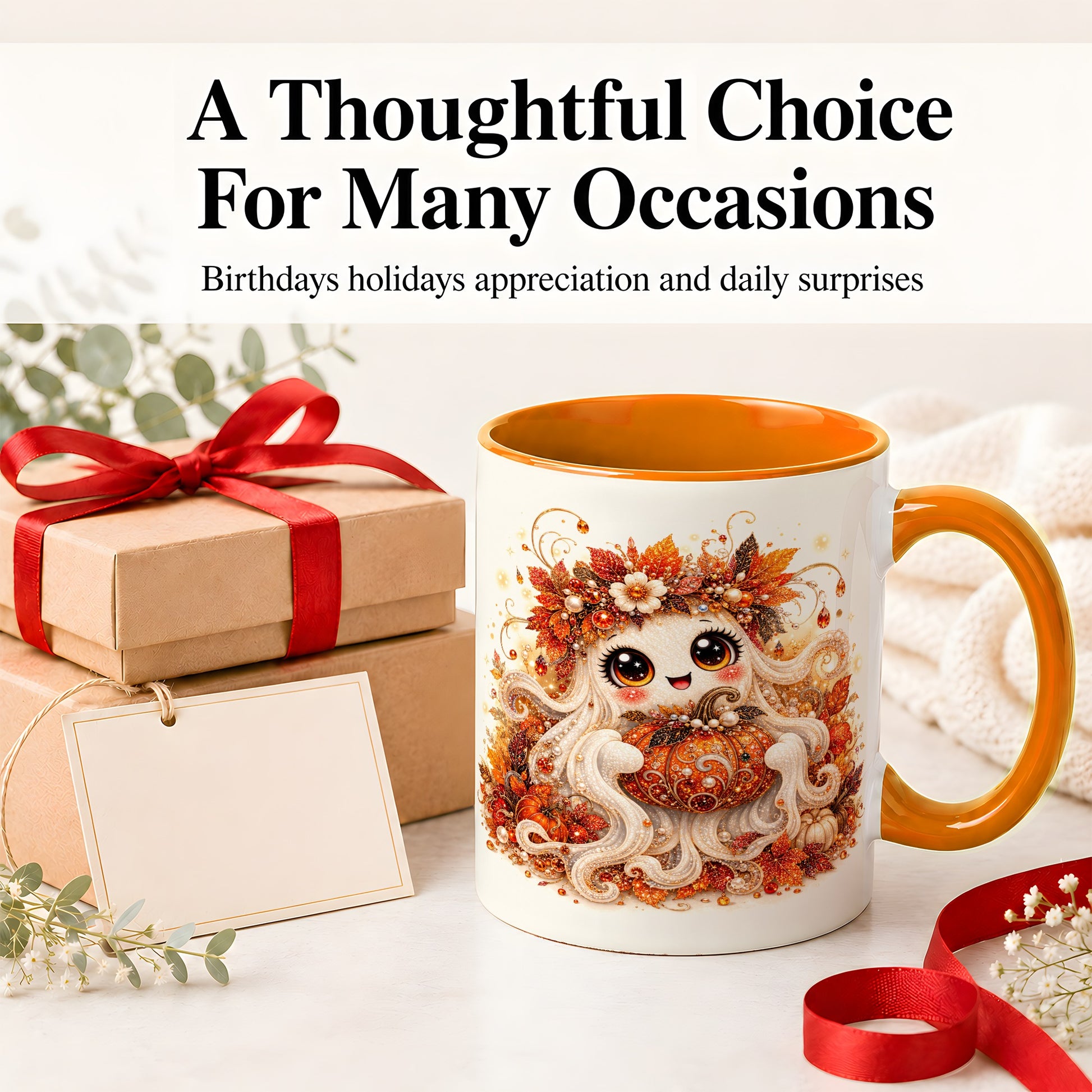 #pl[11oz|Orange] Cute Autumn Ghost Accent Mug, Ceramic Mug with Pumpkin Artwork