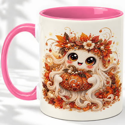 #pl[11oz|Pink] Cute Autumn Ghost Accent Mug, Ceramic Mug with Pumpkin Artwork