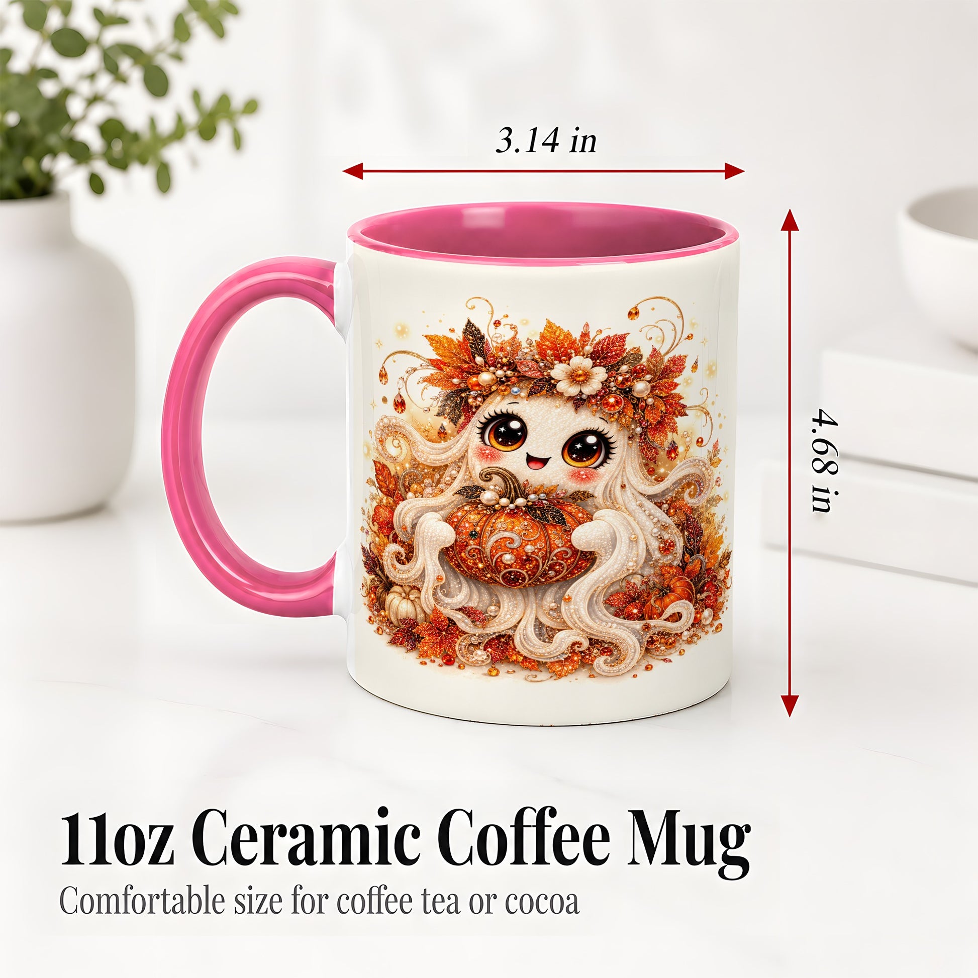 #pl[11oz|Pink] Cute Autumn Ghost Accent Mug, Ceramic Mug with Pumpkin Artwork