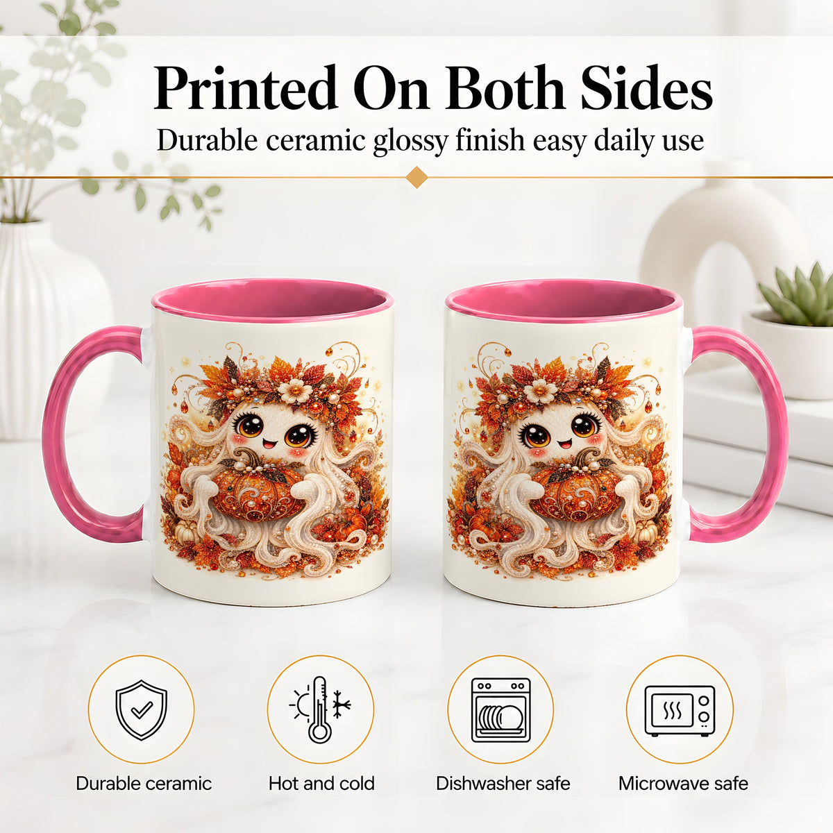 #pl[11oz|Pink] Cute Autumn Ghost Accent Mug, Ceramic Mug with Pumpkin Artwork