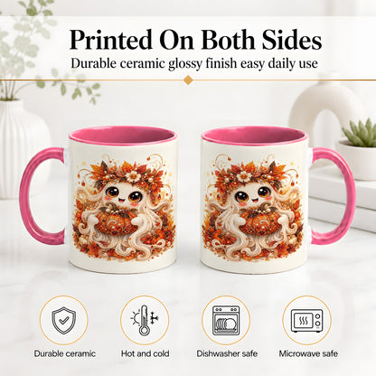 #pl[11oz|Pink] Cute Autumn Ghost Accent Mug, Ceramic Mug with Pumpkin Artwork