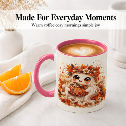 #pl[11oz|Pink] Cute Autumn Ghost Accent Mug, Ceramic Mug with Pumpkin Artwork