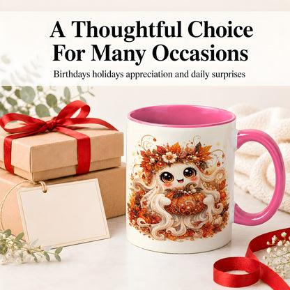 #pl[11oz|Pink] Cute Autumn Ghost Accent Mug, Ceramic Mug with Pumpkin Artwork