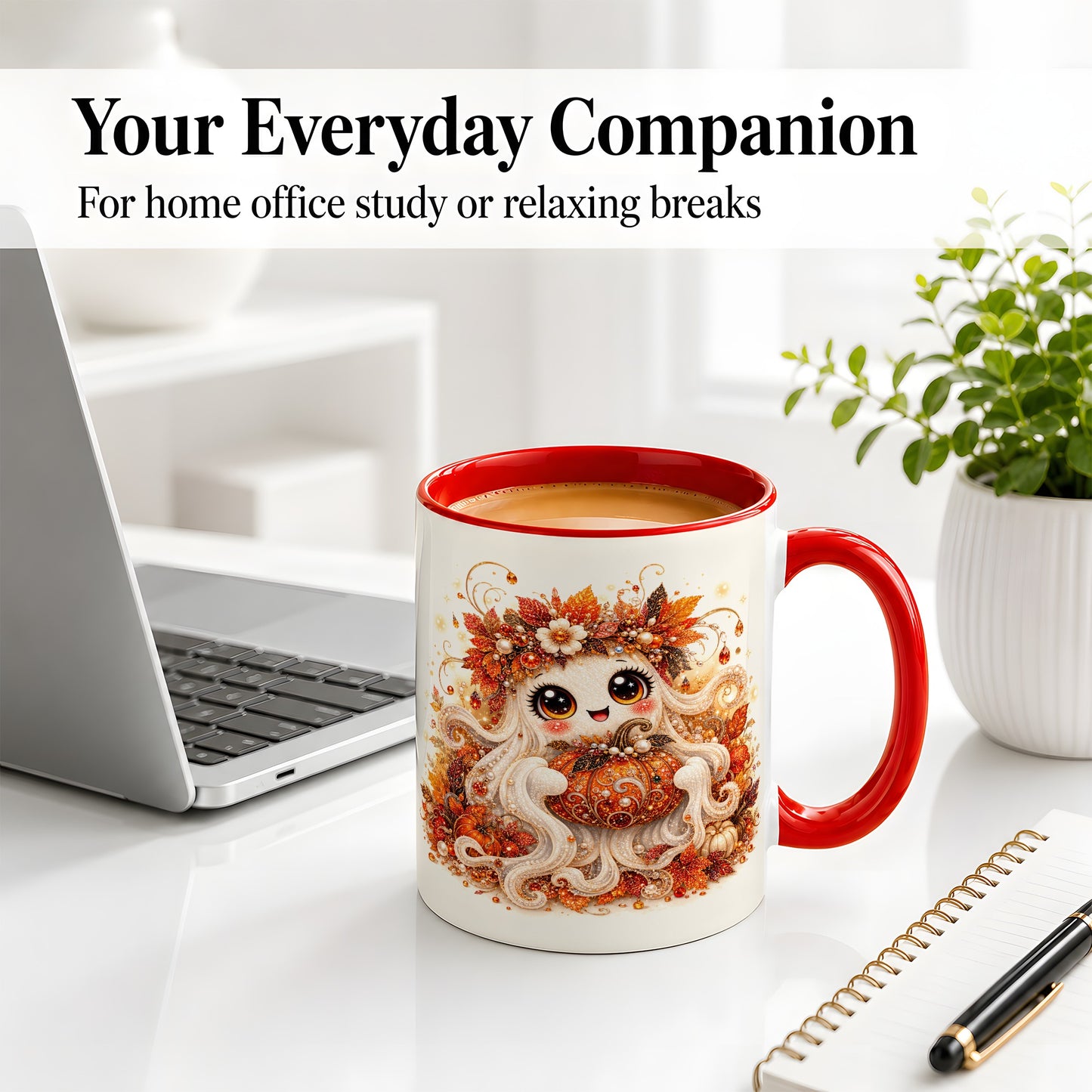 #pl[11oz|Red] Cute Autumn Ghost Accent Mug, Ceramic Mug with Pumpkin Artwork