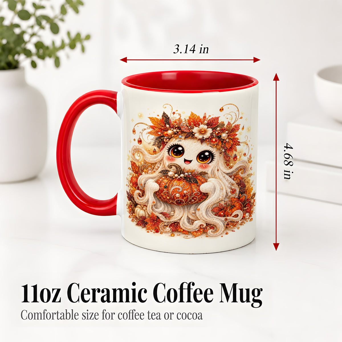 #pl[11oz|Red] Cute Autumn Ghost Accent Mug, Ceramic Mug with Pumpkin Artwork