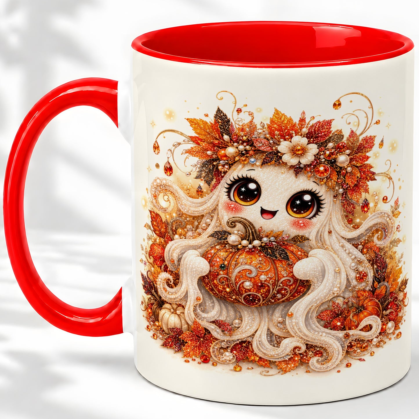 Cute Autumn Ghost Accent Mug, Ceramic Mug with Pumpkin Artwork