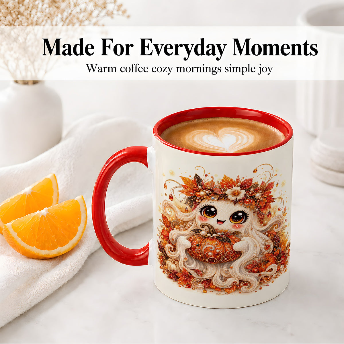 #pl[11oz|Red] Cute Autumn Ghost Accent Mug, Ceramic Mug with Pumpkin Artwork