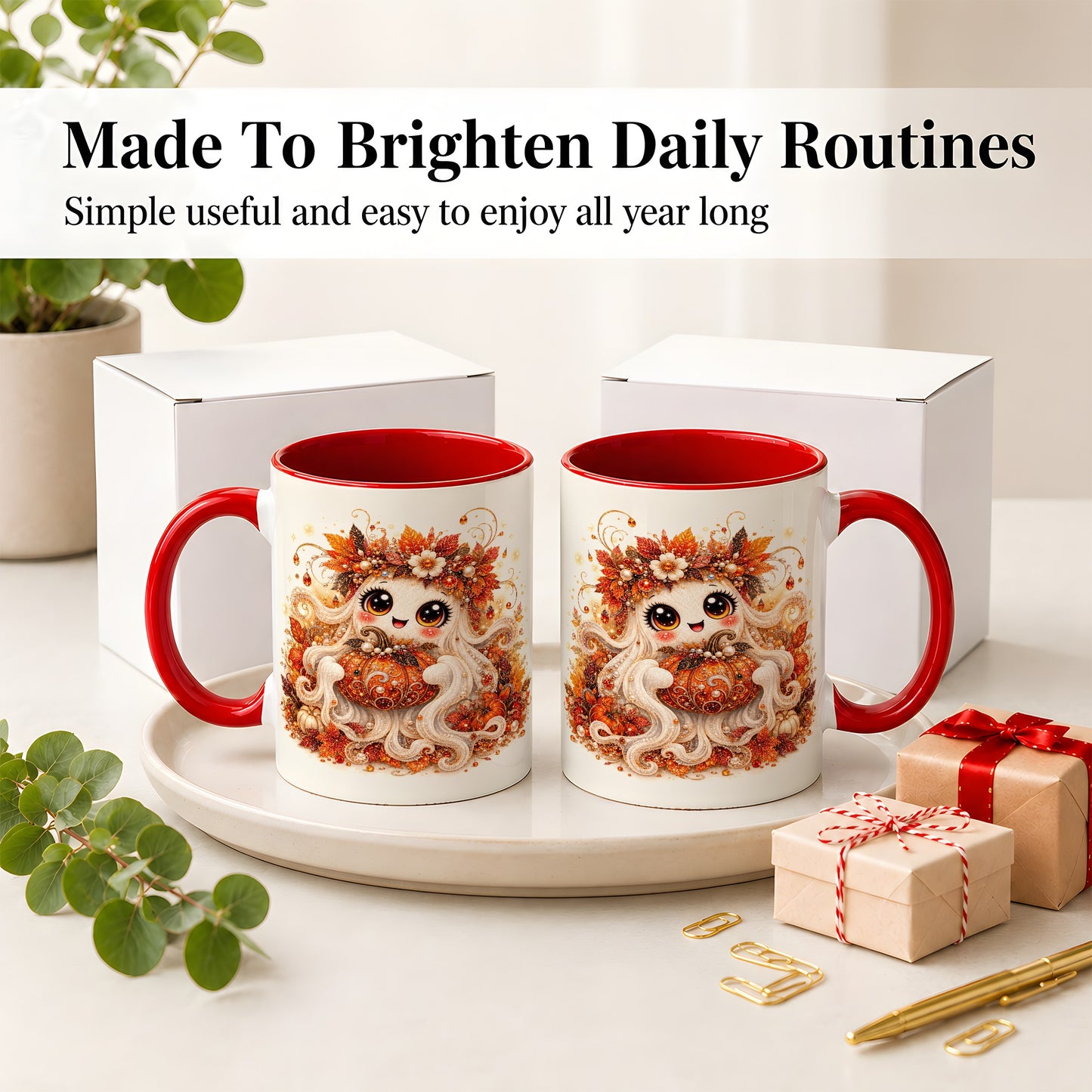 #pl[11oz|Red] Cute Autumn Ghost Accent Mug, Ceramic Mug with Pumpkin Artwork