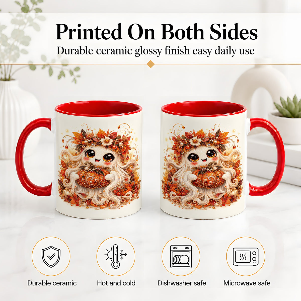 #pl[11oz|Red] Cute Autumn Ghost Accent Mug, Ceramic Mug with Pumpkin Artwork