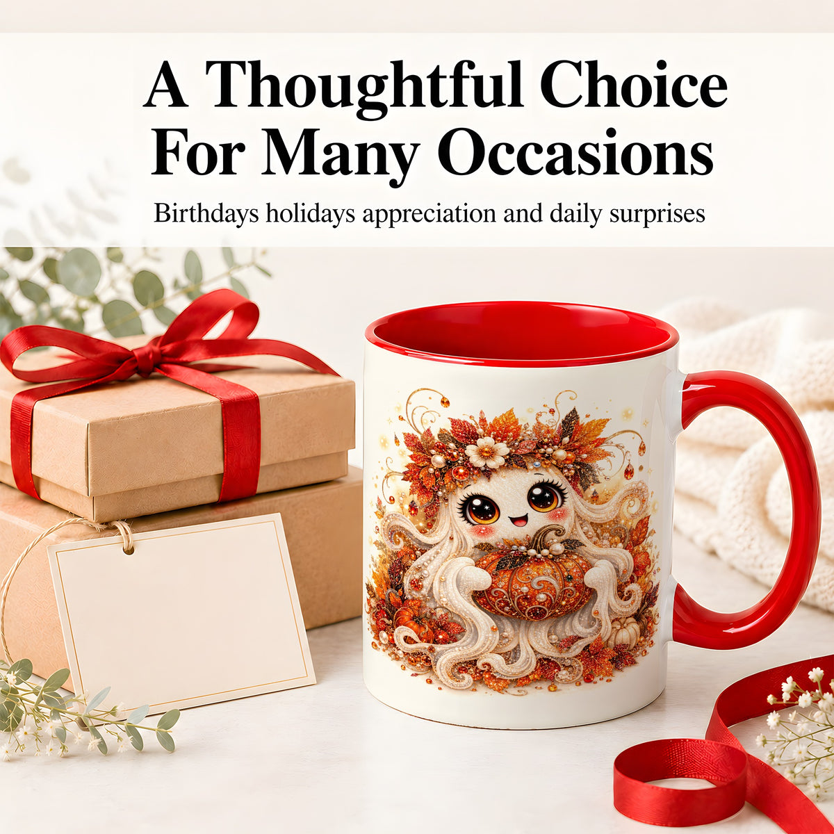 #pl[11oz|Red] Cute Autumn Ghost Accent Mug, Ceramic Mug with Pumpkin Artwork