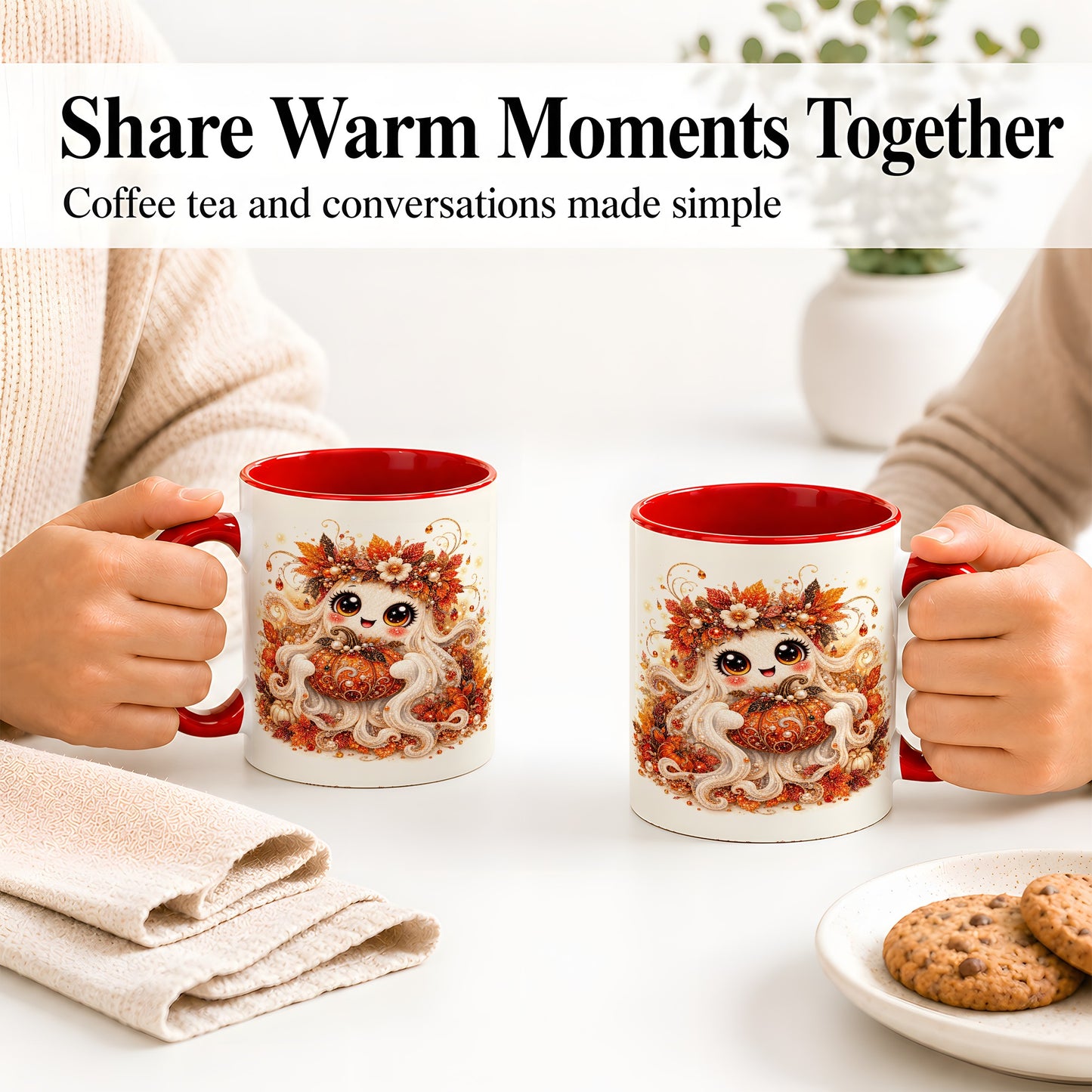 #pl[11oz|Red] Cute Autumn Ghost Accent Mug, Ceramic Mug with Pumpkin Artwork